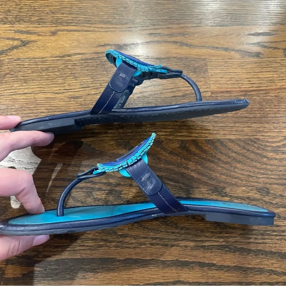 TORY BURCH Miller Fringe Blue Dual Tone Leather Logo Flip Flop Sandals